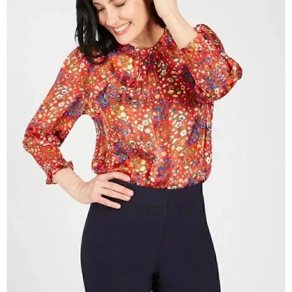 Rachel Zoe Red Floral High Neck Smock Sleeve Blouse Multicolor Red Size Medium